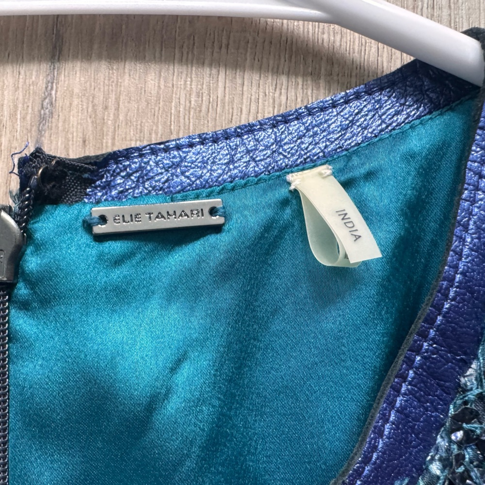 Elie Tahari Lyra Shift Dress Teal-Blue Sleeveless Feather Hem Mini Dress Luxury - Picture 4 of 11